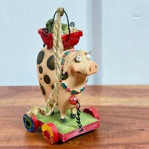 Whimsical Folk Art Spotted Pig on Cart Ornament Hand Painted Farmhouse Decor